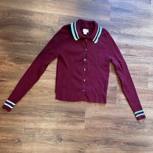 ANTHRO MAEVE Plunging Long-Sleeve Polo Cardigan Burgundy Baby Blue Ribbed Small